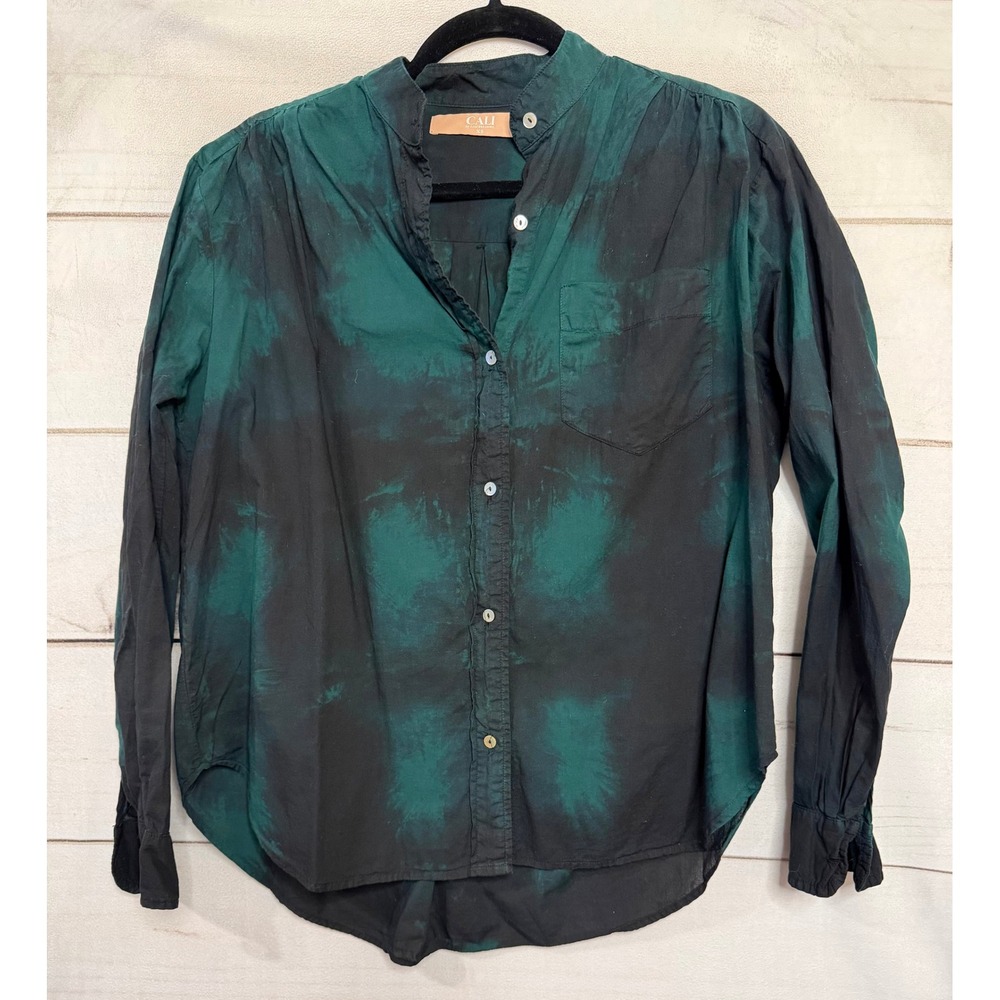 CALI by Cali Dreaming Green Black Tie Dye Band Collar Button Up‎ Shirt XS